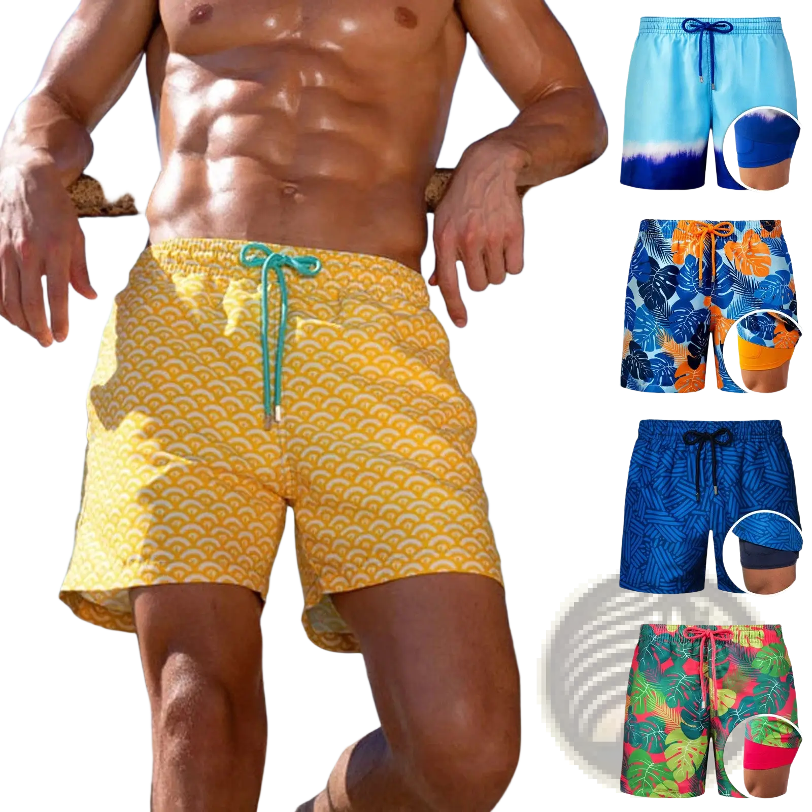 Printed men beach shorts in yellow with a scallop pattern and teal drawstring designed for summer swimming
