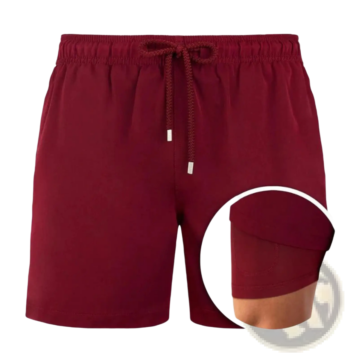 Maroon printed men beach shorts with elastic waistband and textured weave suitable for summer swim trunks