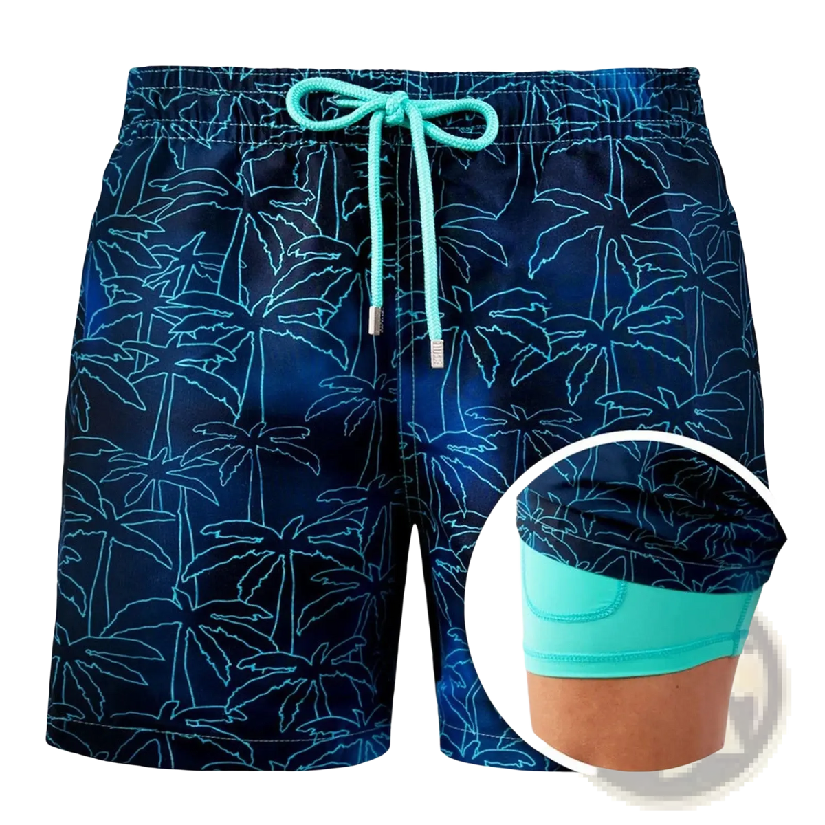 Printed men beach shorts summer swim trunks in navy blue with light blue palm tree outlines and turquoise drawstring