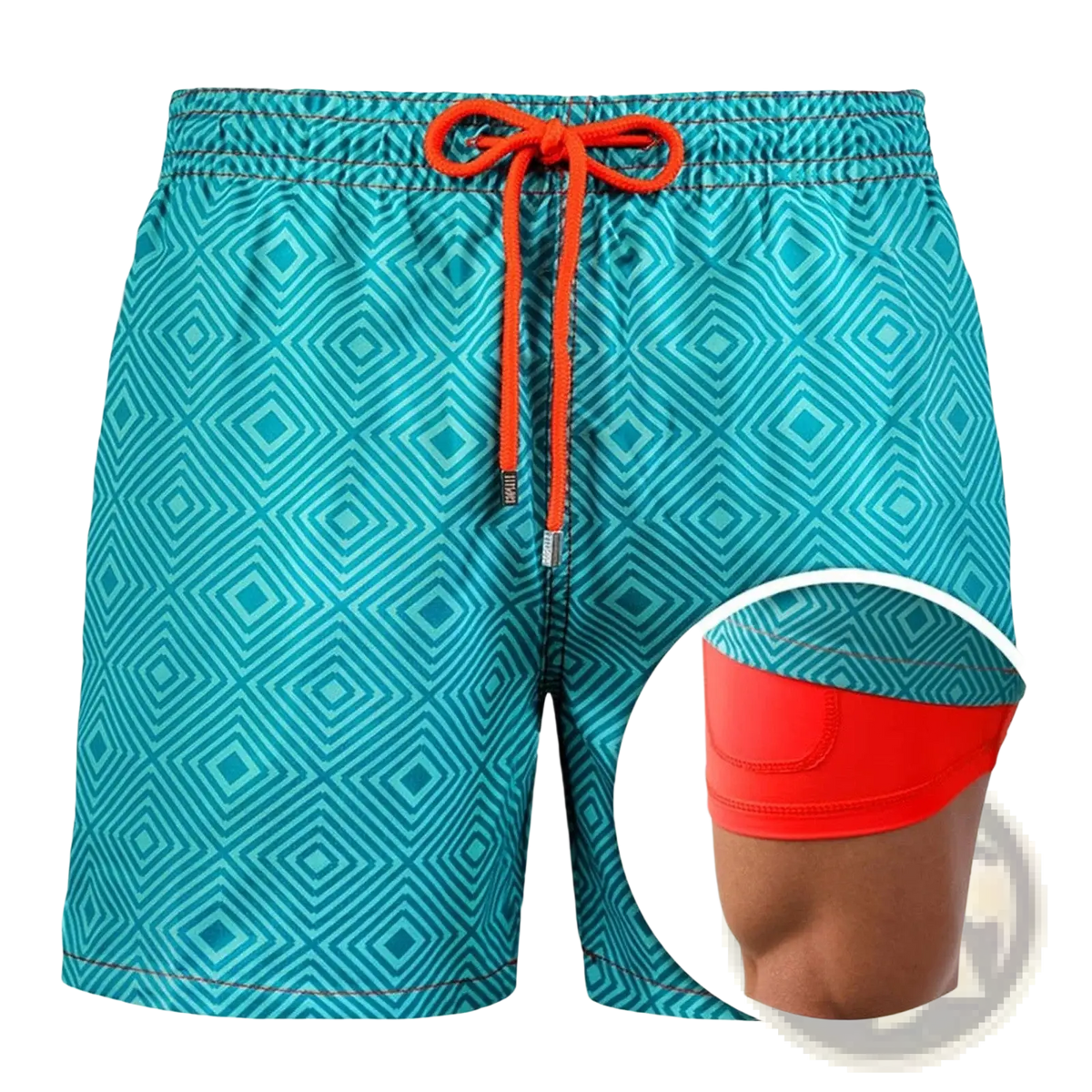 Printed men beach shorts summer swim trunks in teal with geometric diamond pattern orange drawstring and red inner pocket