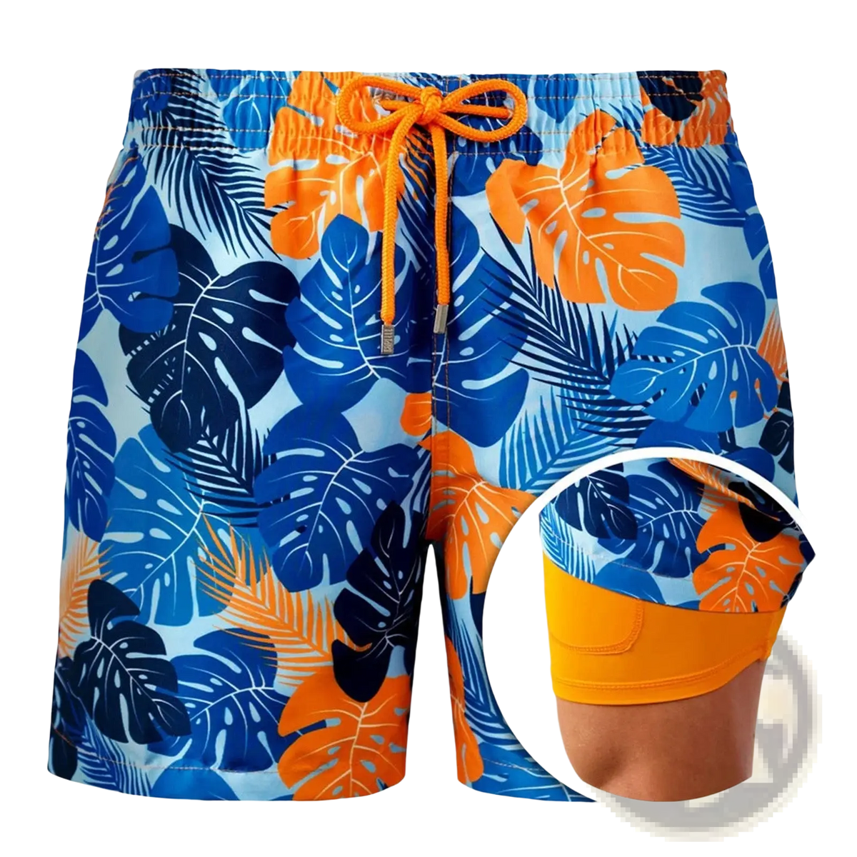 Printed men beach shorts with a bold tropical leaf pattern in blue orange and black on a light background for summer swimwear