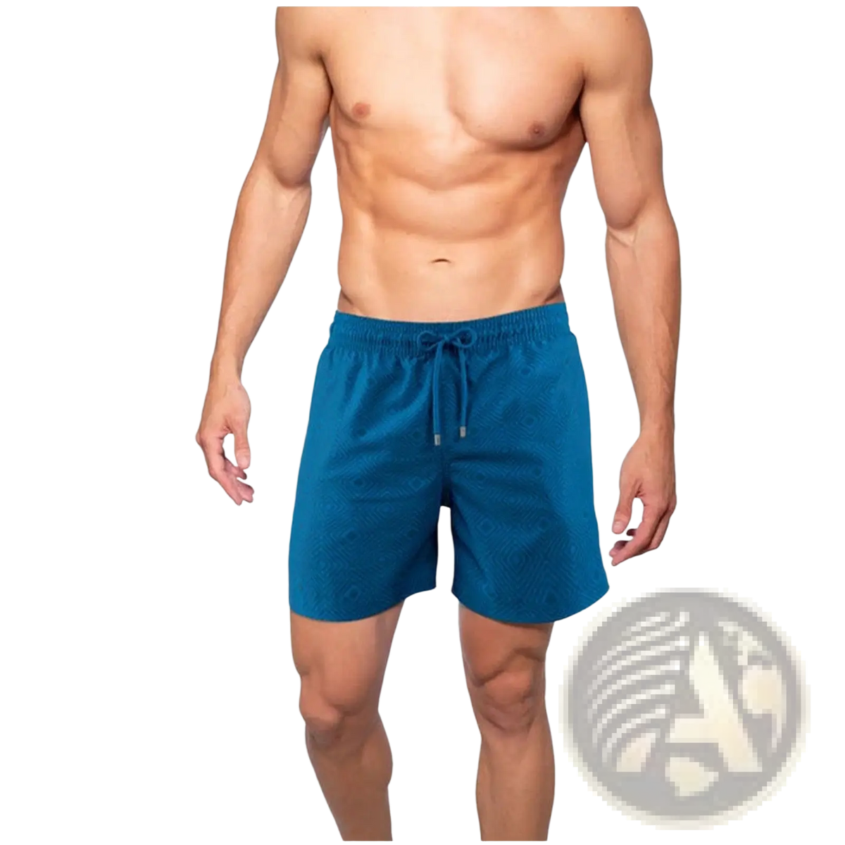 Teal printed men beach shorts with subtle textured pattern and elastic waistband with matching drawstrings for summer swimwear