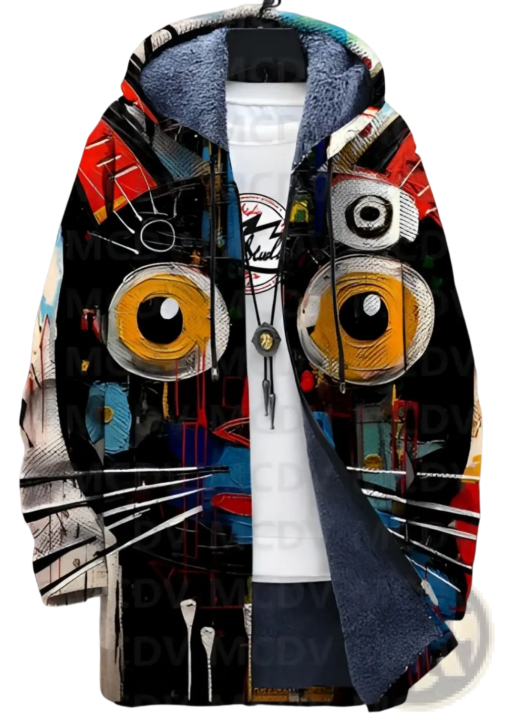 Printed plush lined windproof winter jacket with vibrant hooded zip-up design and bold yellow black cat eyes graphic