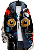 Printed plush lined windproof winter jacket with vibrant hooded zip-up design and bold yellow black cat eyes graphic