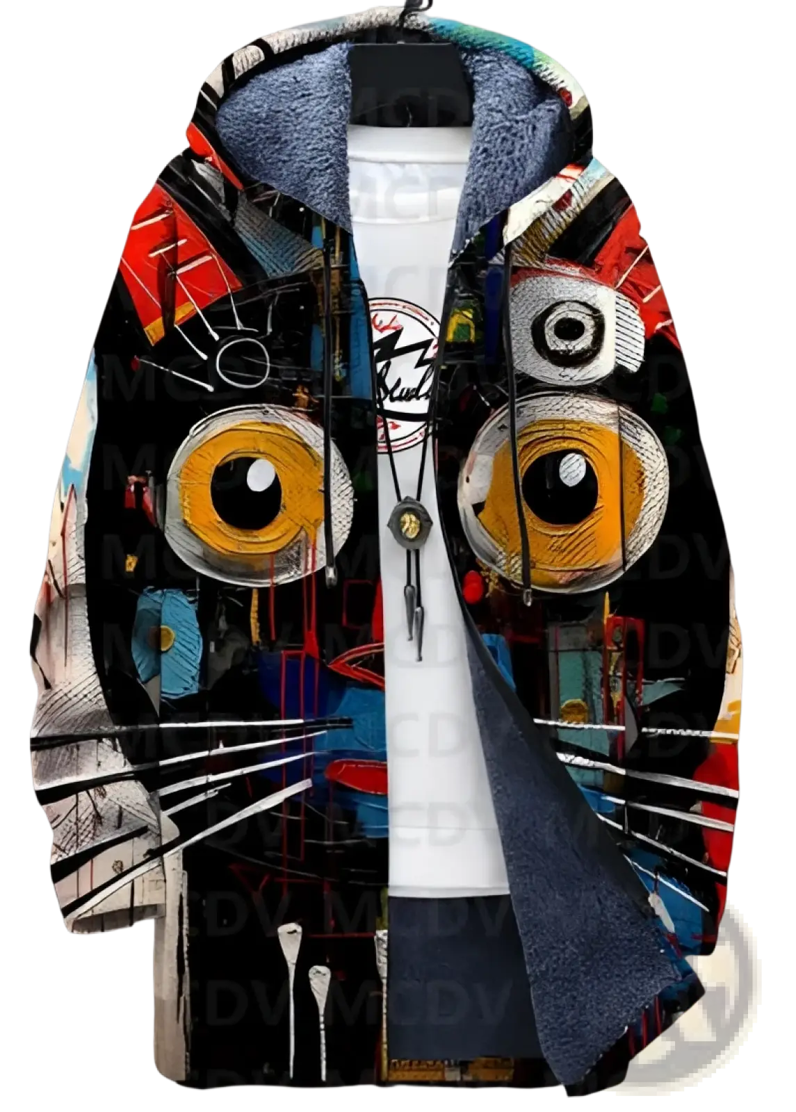 Printed plush lined windproof winter jacket with vibrant hooded zip-up design and bold yellow black cat eyes graphic