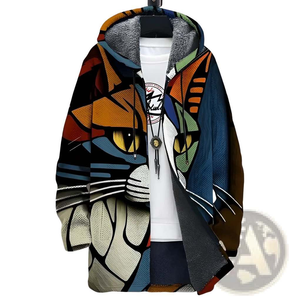 Printed plush lined windproof winter jacket with vibrant multi-colored hoodie and bold abstract cat design with yellow eyes