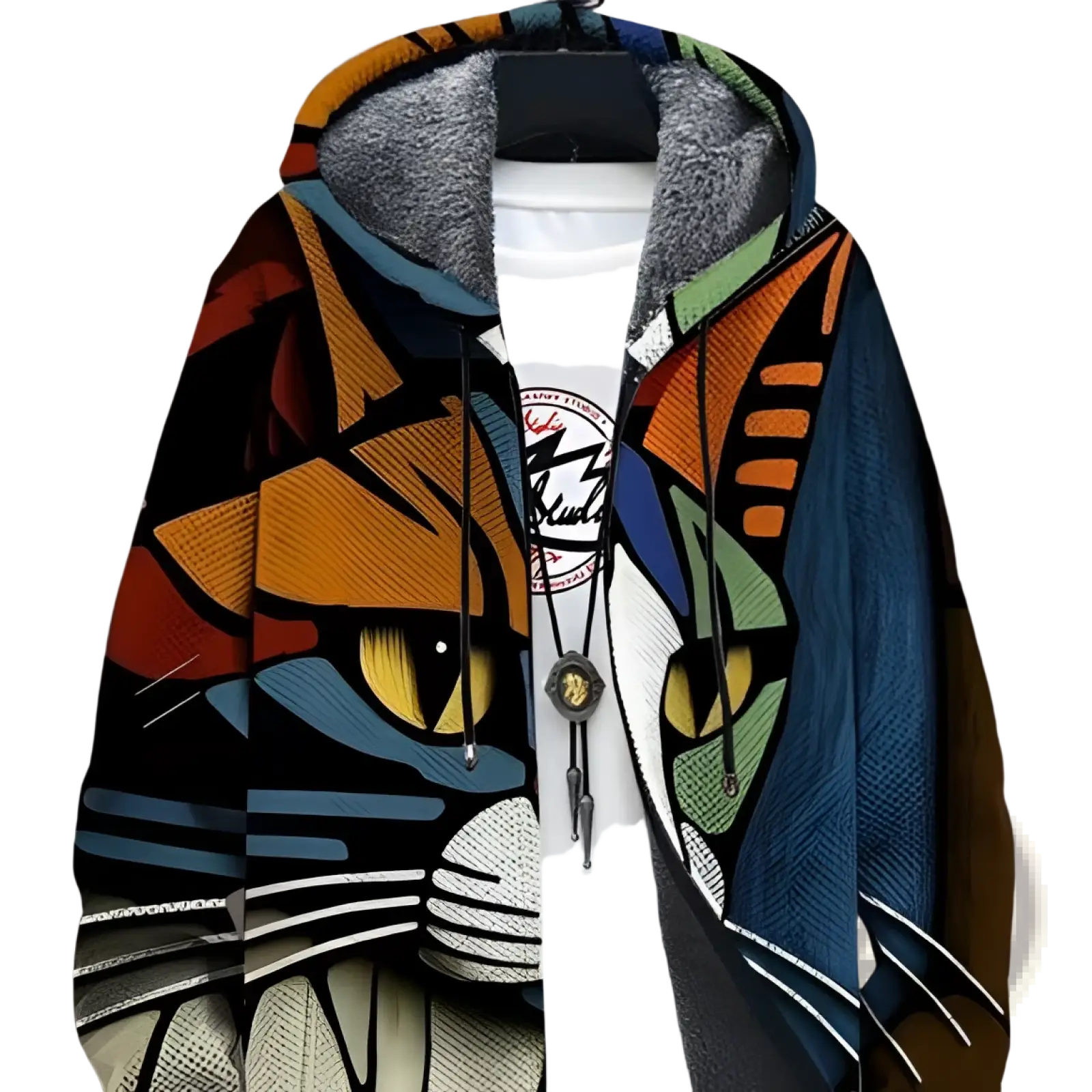 Printed plush lined windproof winter jacket with vibrant orange black and blue cat face graphic and gray faux fur lining