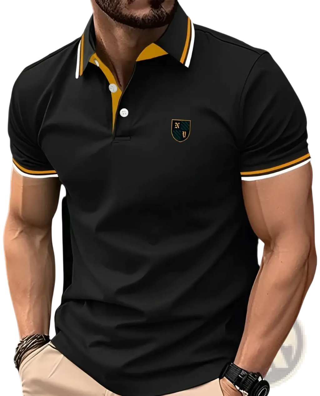 Printed short-sleeve black polo shirt with yellow and white trim and embroidered crest on the left chest