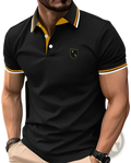 Printed short-sleeve black polo shirt with yellow and white trim and embroidered crest on the left chest