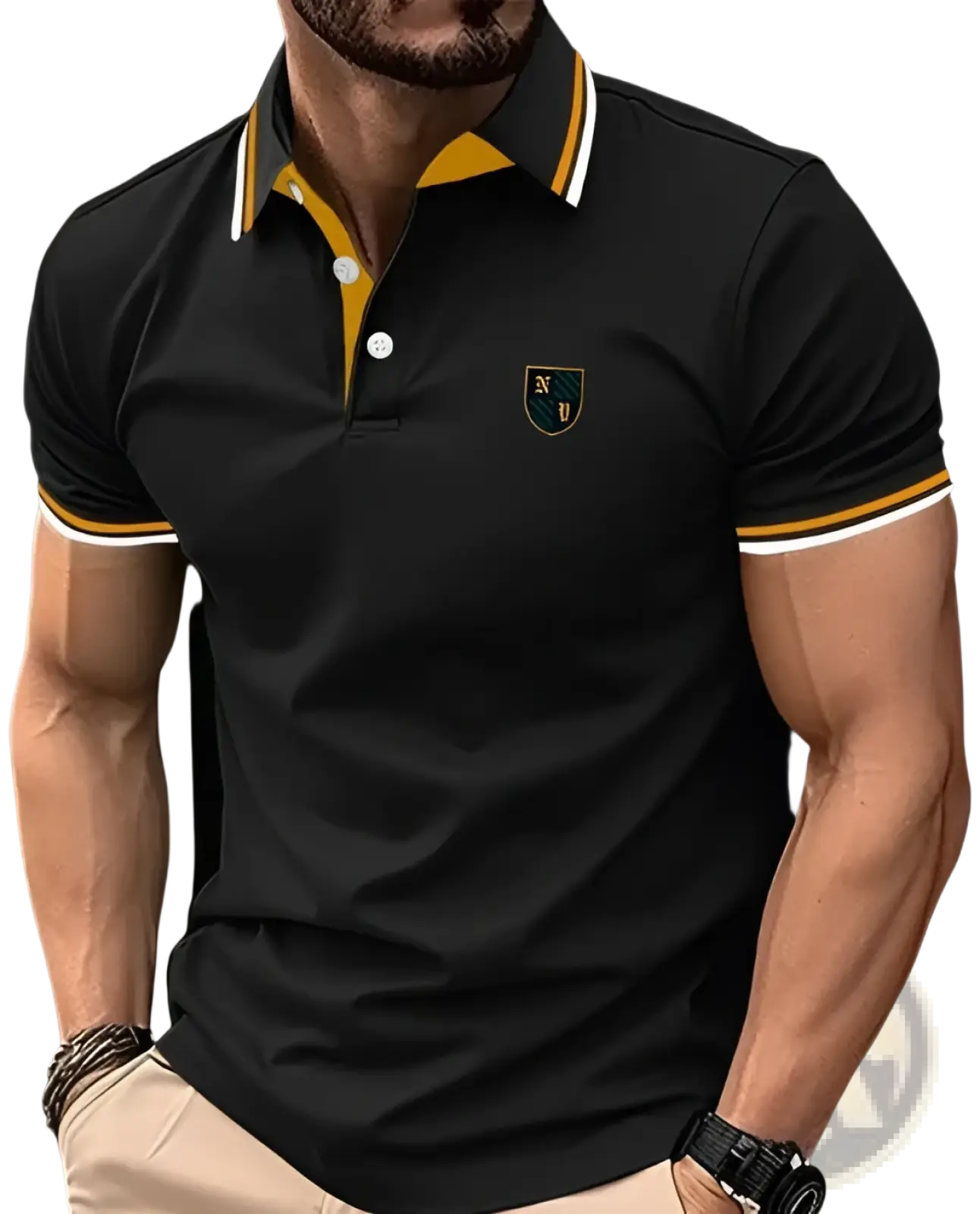 Printed short-sleeve black polo shirt with yellow and white trim and embroidered crest on the left chest