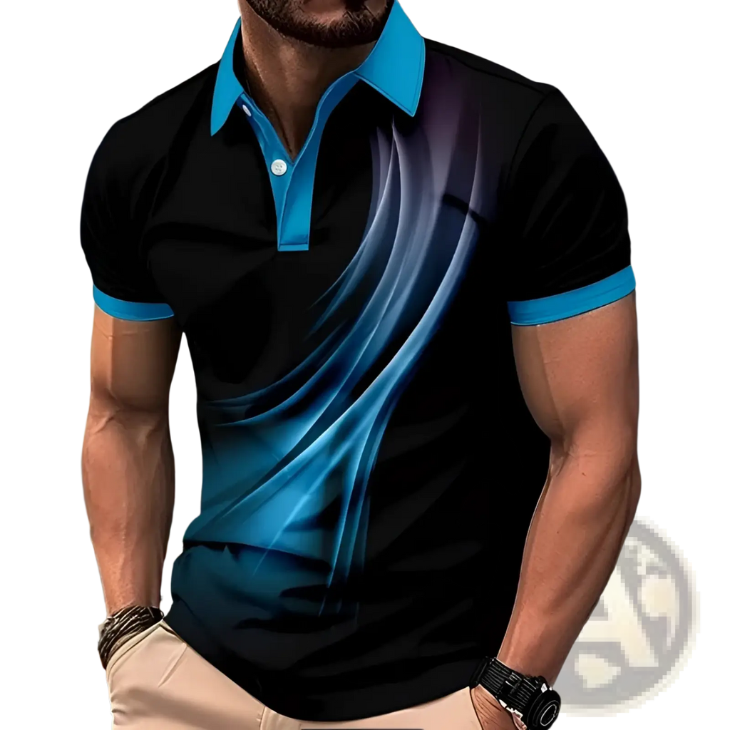 Printed short-sleeve polo shirt featuring a sleek black and blue gradient design with a modern style