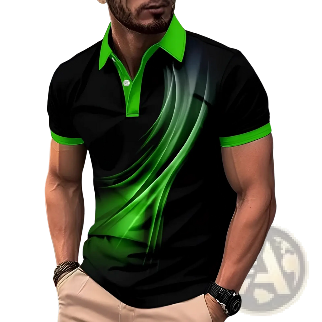 Printed short-sleeve polo shirt featuring a black and neon green dynamic gradient design on lightweight fabric
