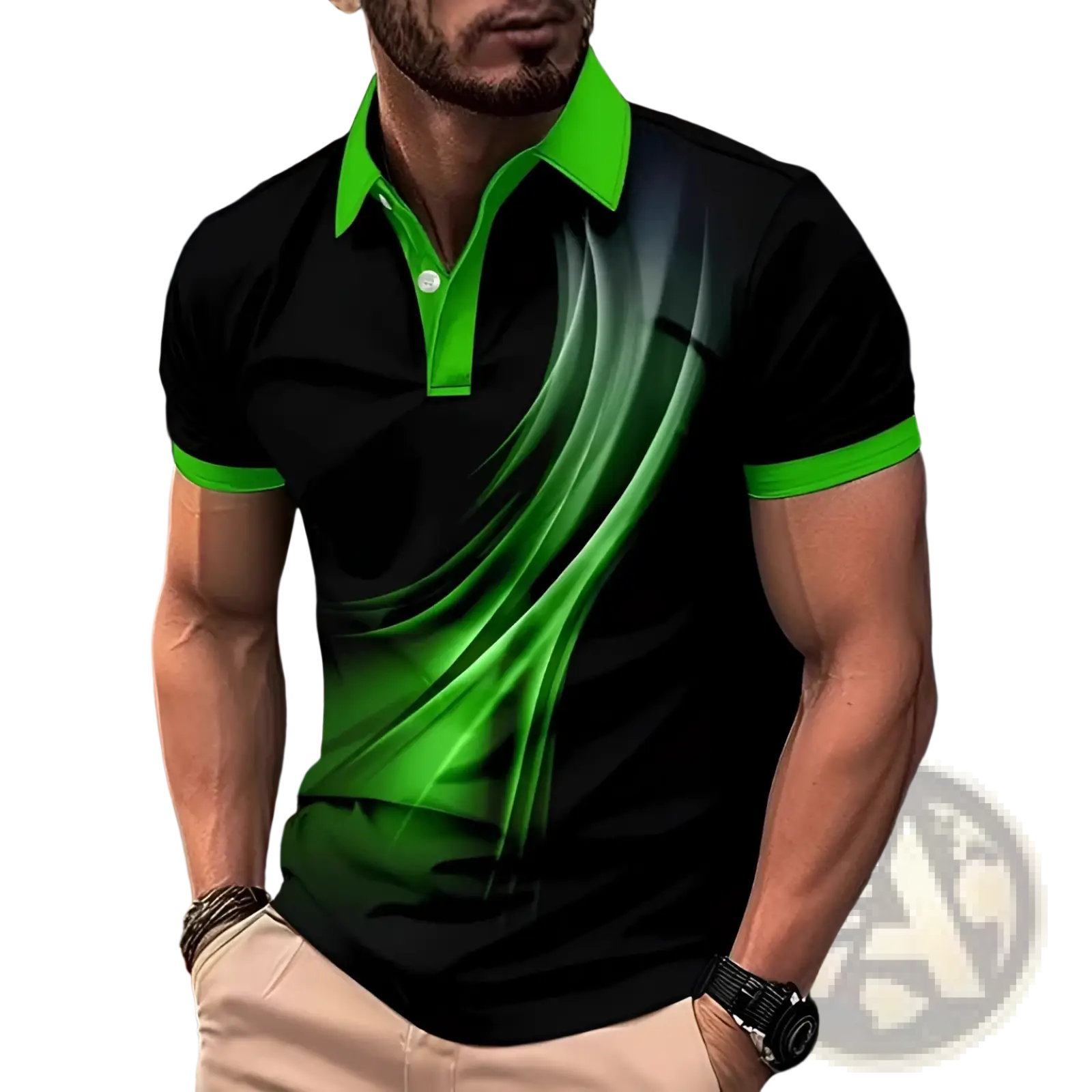 Printed short-sleeve polo shirt featuring a black and neon green dynamic gradient design on lightweight fabric