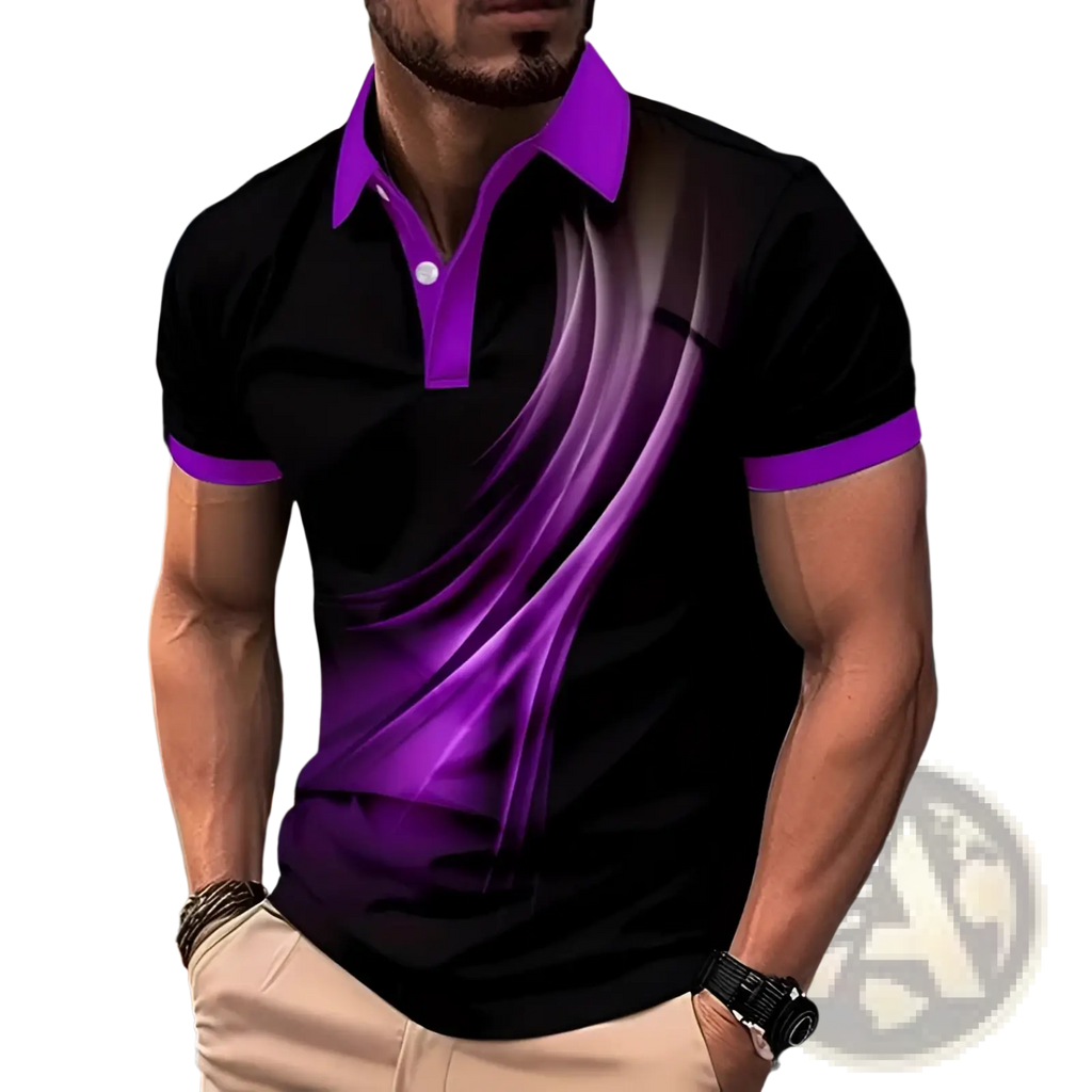 Printed short-sleeve polo shirt in black and purple with a vibrant gradient design flowing diagonally across the chest