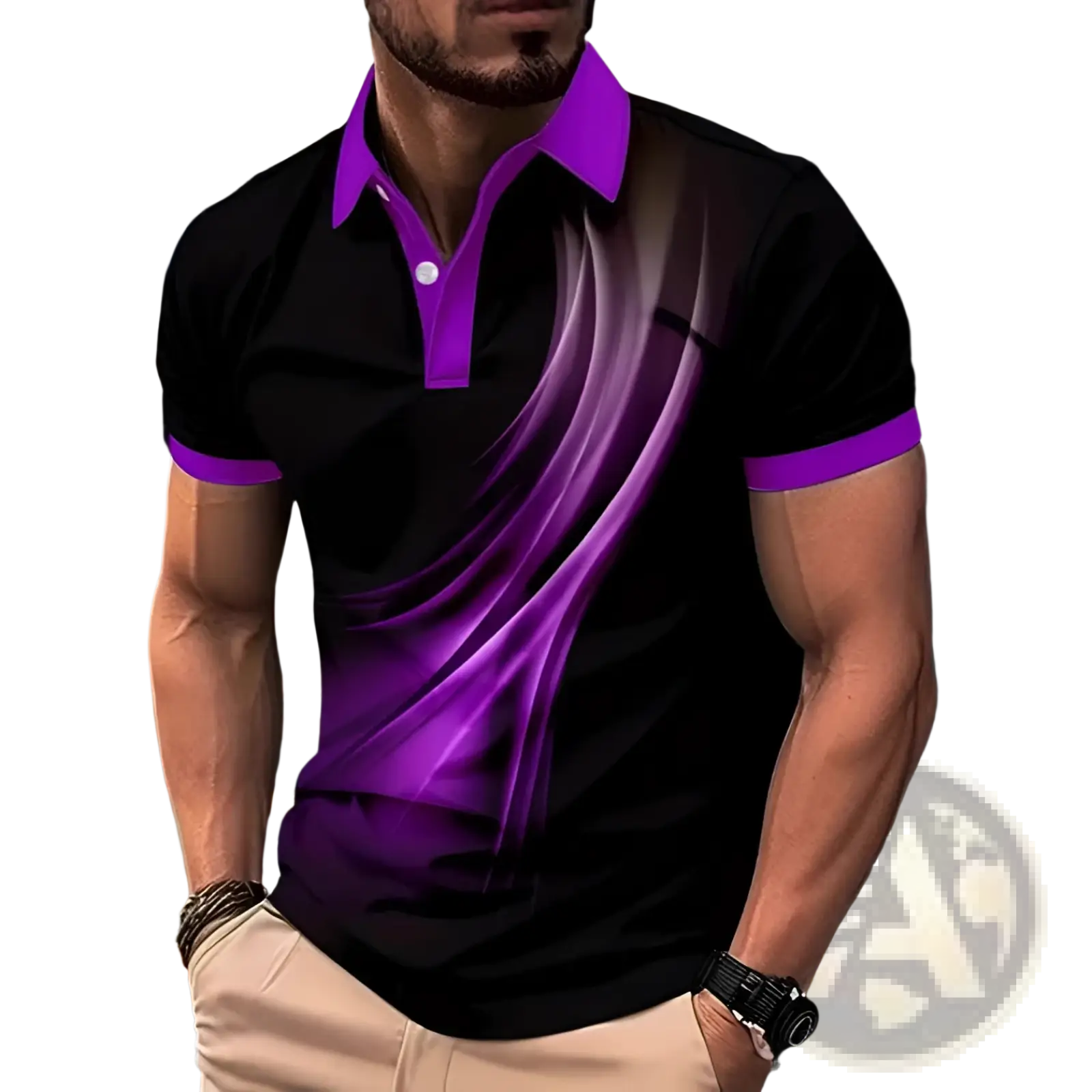 Printed short-sleeve polo shirt in black and purple with a vibrant gradient design flowing diagonally across the chest