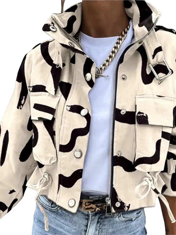 Printed short trench jacket for women featuring beige and black abstract wave patterns with silver buttons and zipper accents