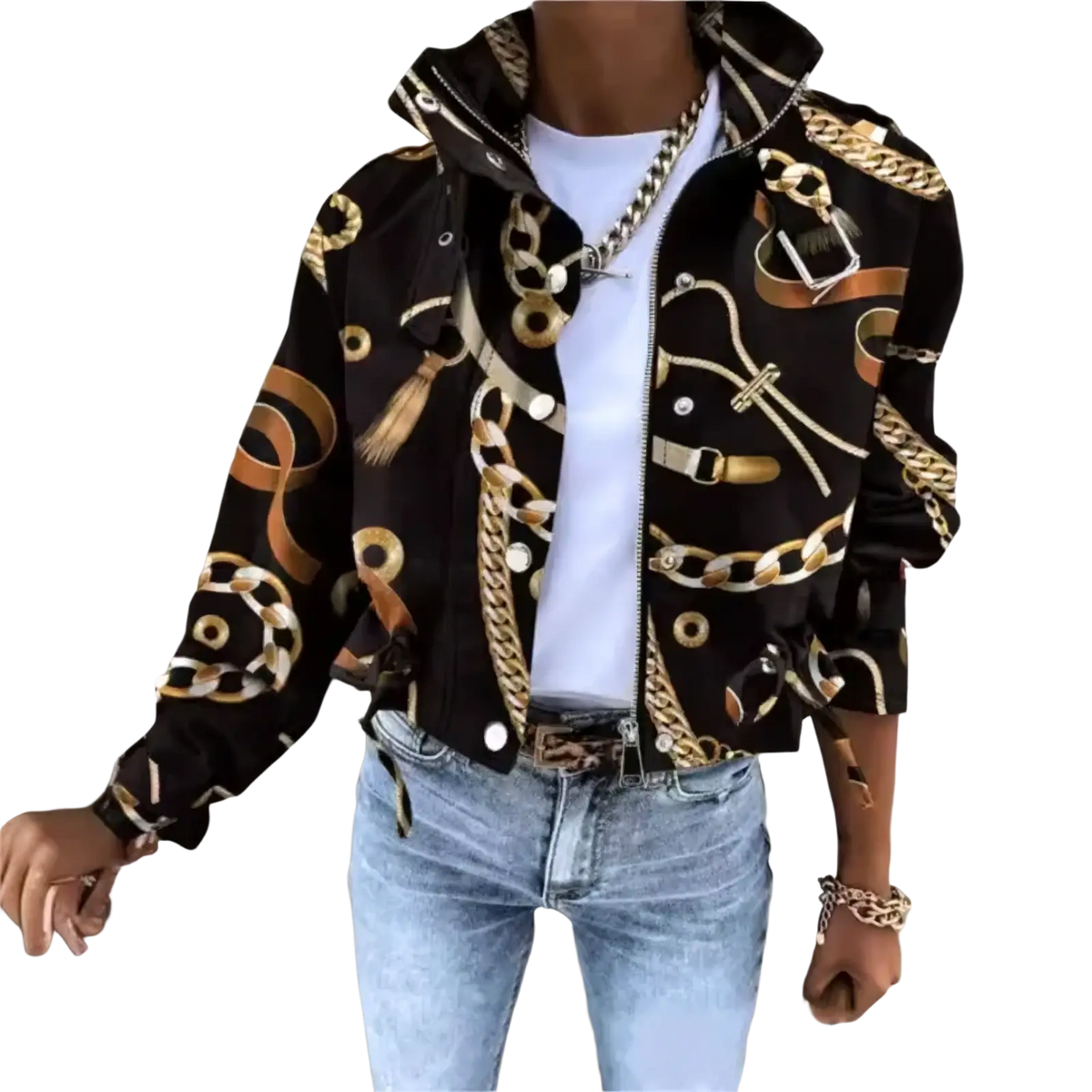 Printed short trench jacket for women in black with a bold gold chain and buckle pattern on hooded fabric