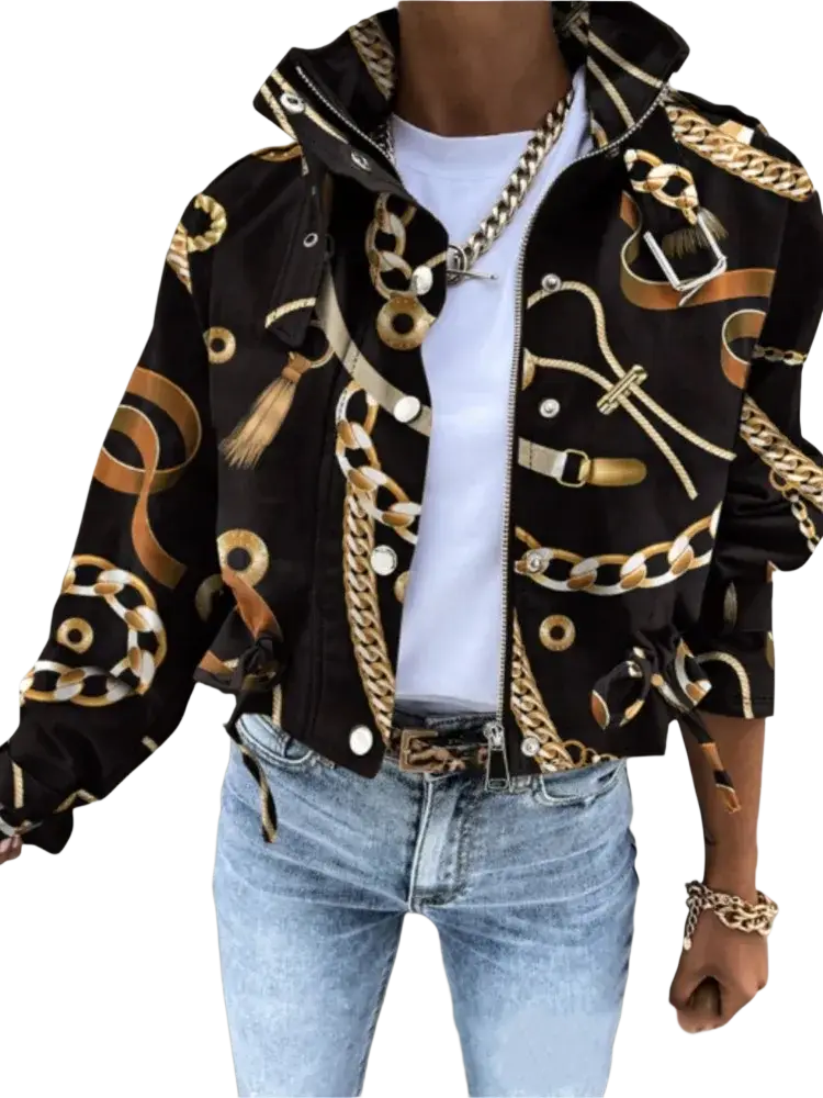 Printed short trench jacket for women in black with gold and white chain motifs featuring zipper front and button details