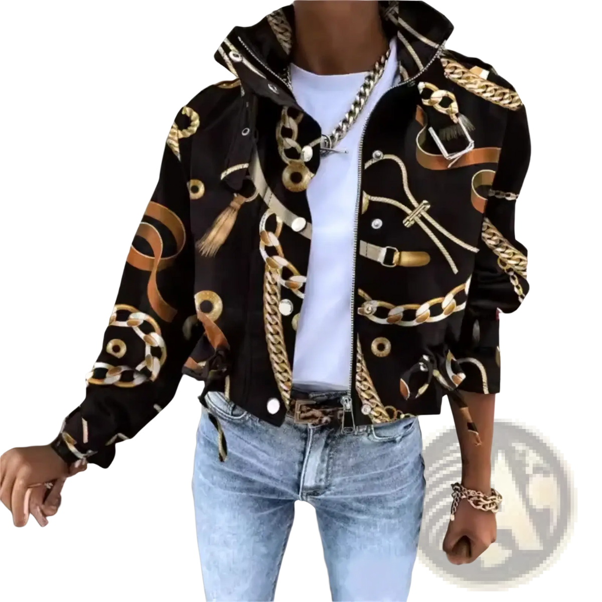 Printed short trench jacket for women in black with a bold gold chain and buckle pattern on hooded fabric