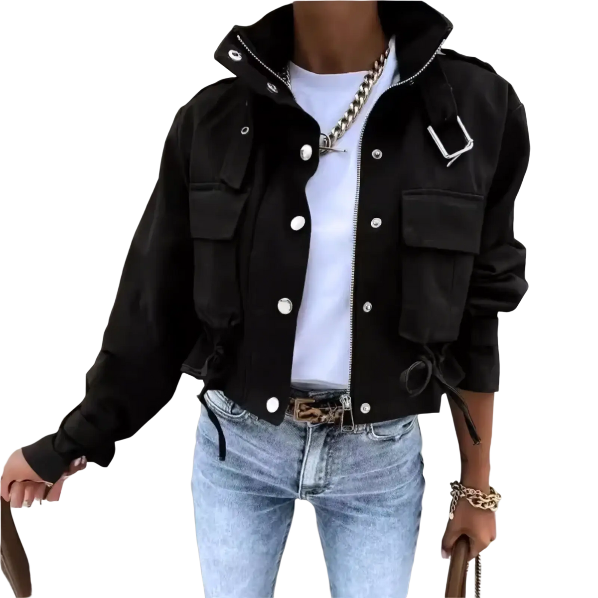 Printed short trench jacket for women in black utility style with silver buttons zipper multiple pockets and belted waist