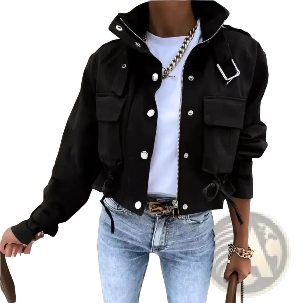 Printed short trench jacket for women in black utility style with silver buttons zipper multiple pockets and belted waist
