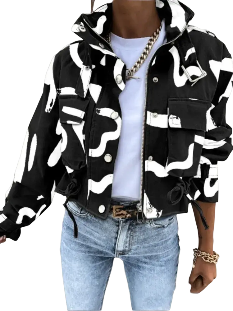 Printed short trench jacket for women featuring a black and white abstract pattern with silver-toned hardware