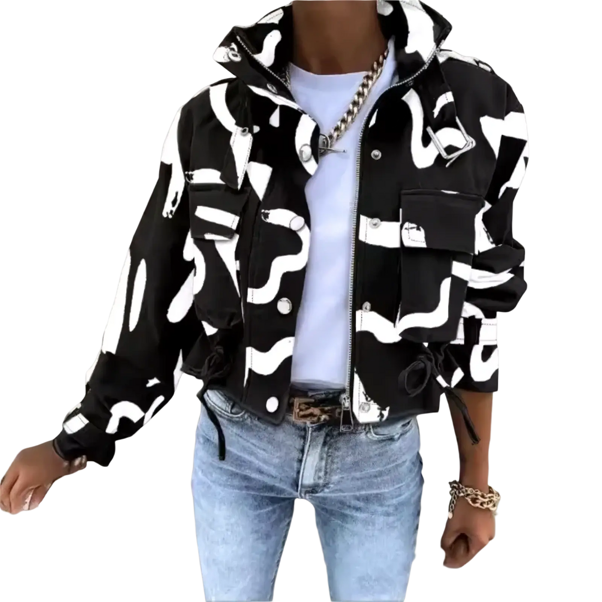 Printed short trench jacket for women featuring black and white abstract patterned denim with multiple pockets and hood