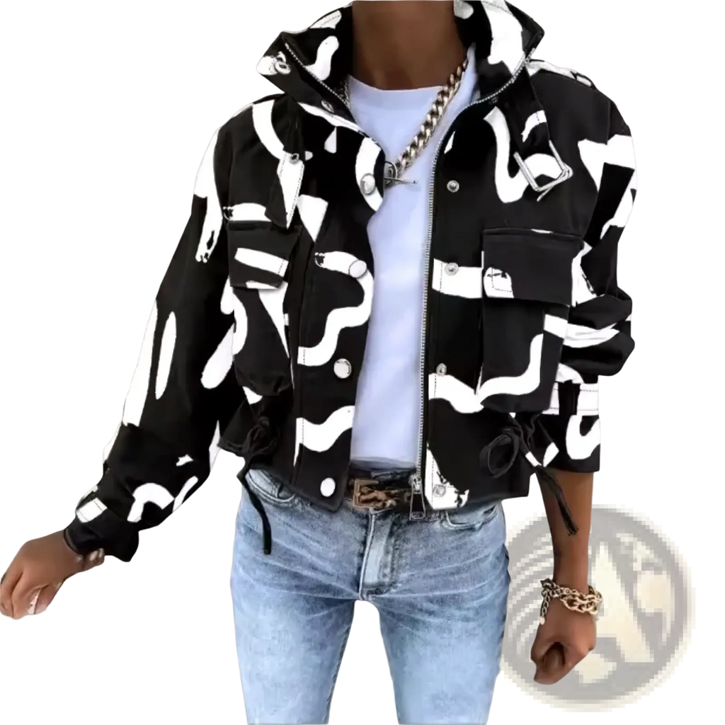 Printed short trench jacket for women featuring black and white abstract patterned denim with multiple pockets and hood