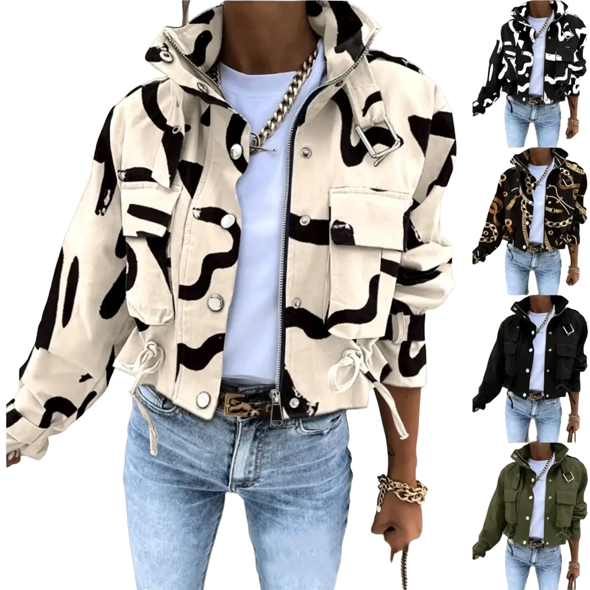 Printed short trench jacket for women in cream-colored canvas with bold black abstract wave pattern and multiple flap pockets
