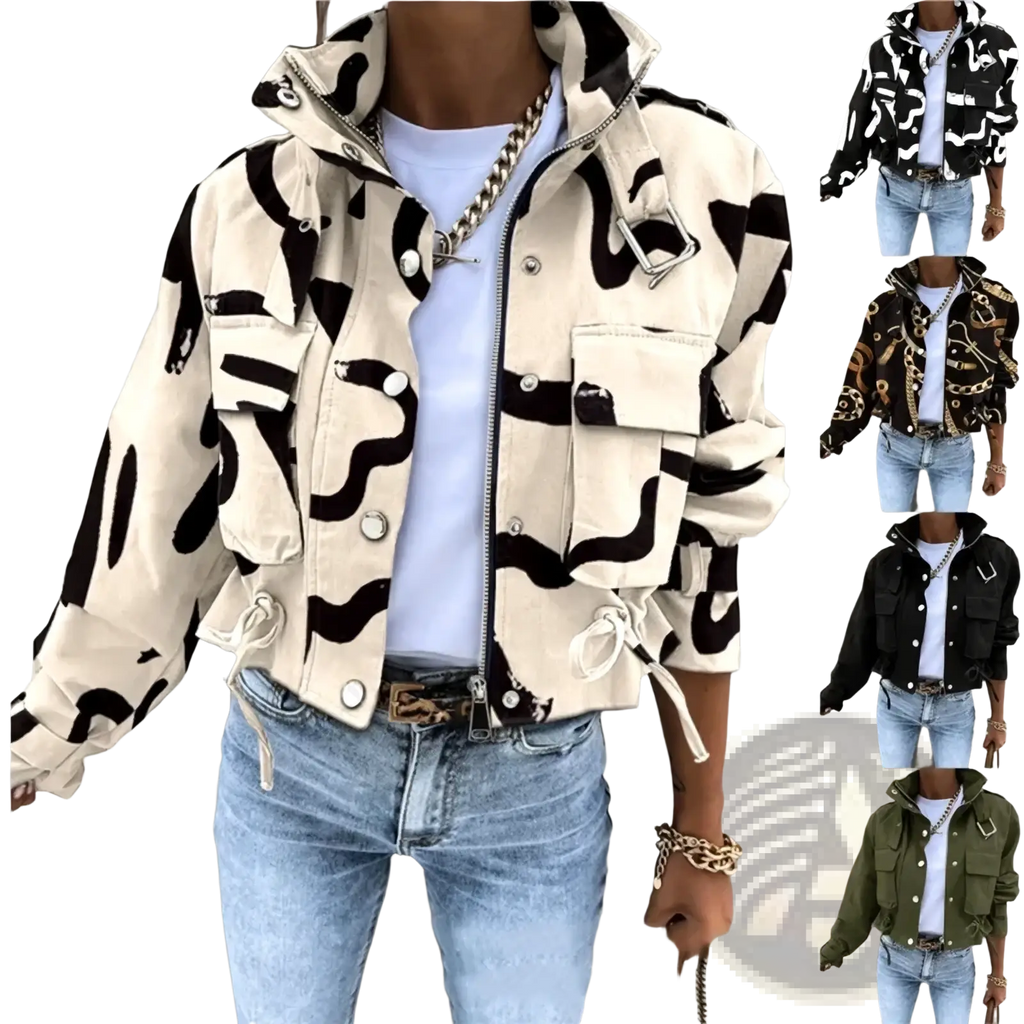 Printed short trench jacket for women in cream-colored canvas with bold black abstract wave pattern and multiple flap pockets