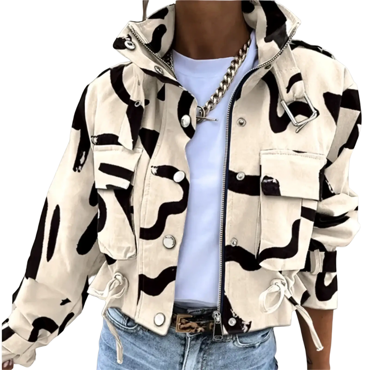 Printed short trench jacket for women cream-colored denim with bold black abstract waves silver-toned buttons and zipper closure