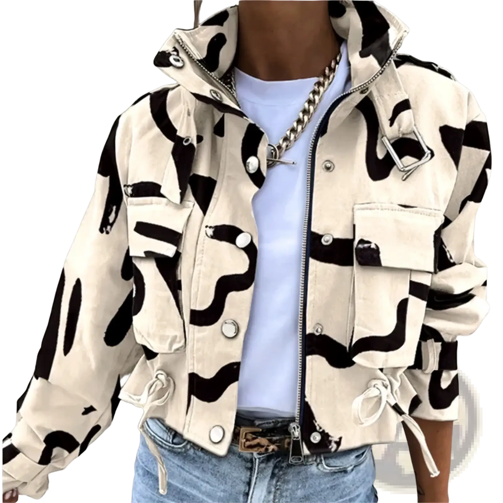 Printed short trench jacket for women cream-colored denim with bold black abstract waves silver-toned buttons and zipper closure