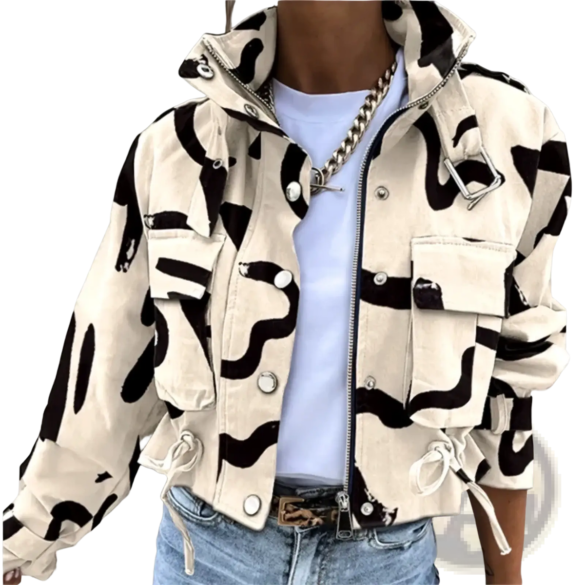 Printed short trench jacket for women cream-colored denim with bold black abstract waves silver-toned buttons and zipper closure