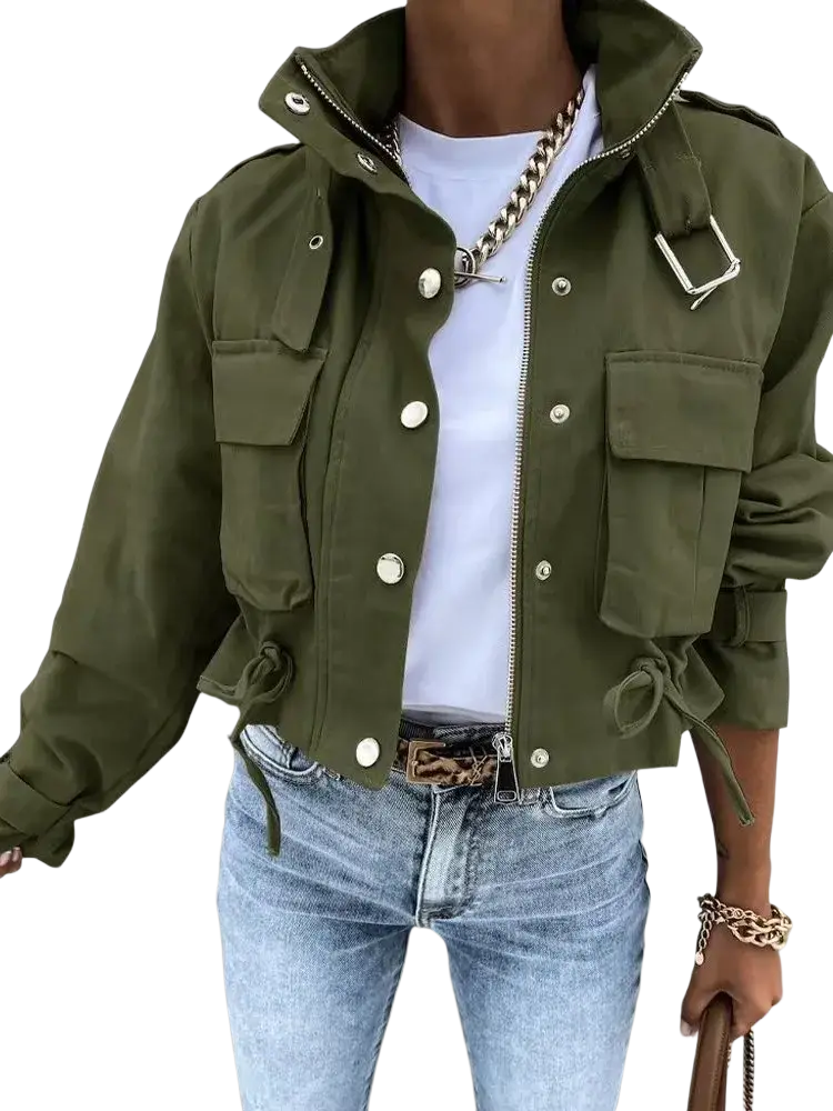 Olive green printed short trench jacket for women with silver buttons and flap pockets, front view utility style