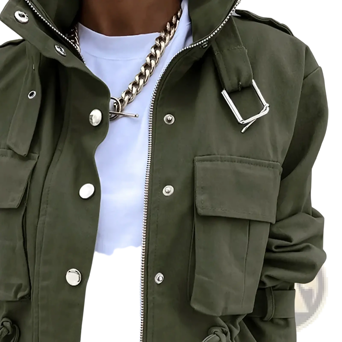 Printed short trench jacket for women in olive green with silver buttons zipper hardware and a metal shoulder buckle
