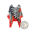 Printed silk pullover shawl cape outerwear with flowing zebra print and vibrant orange trim shown from the back side