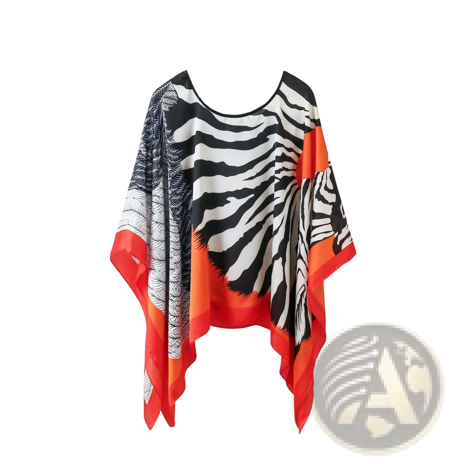 Printed silk pullover shawl cape outerwear with flowing zebra print and vibrant orange trim shown from the back side