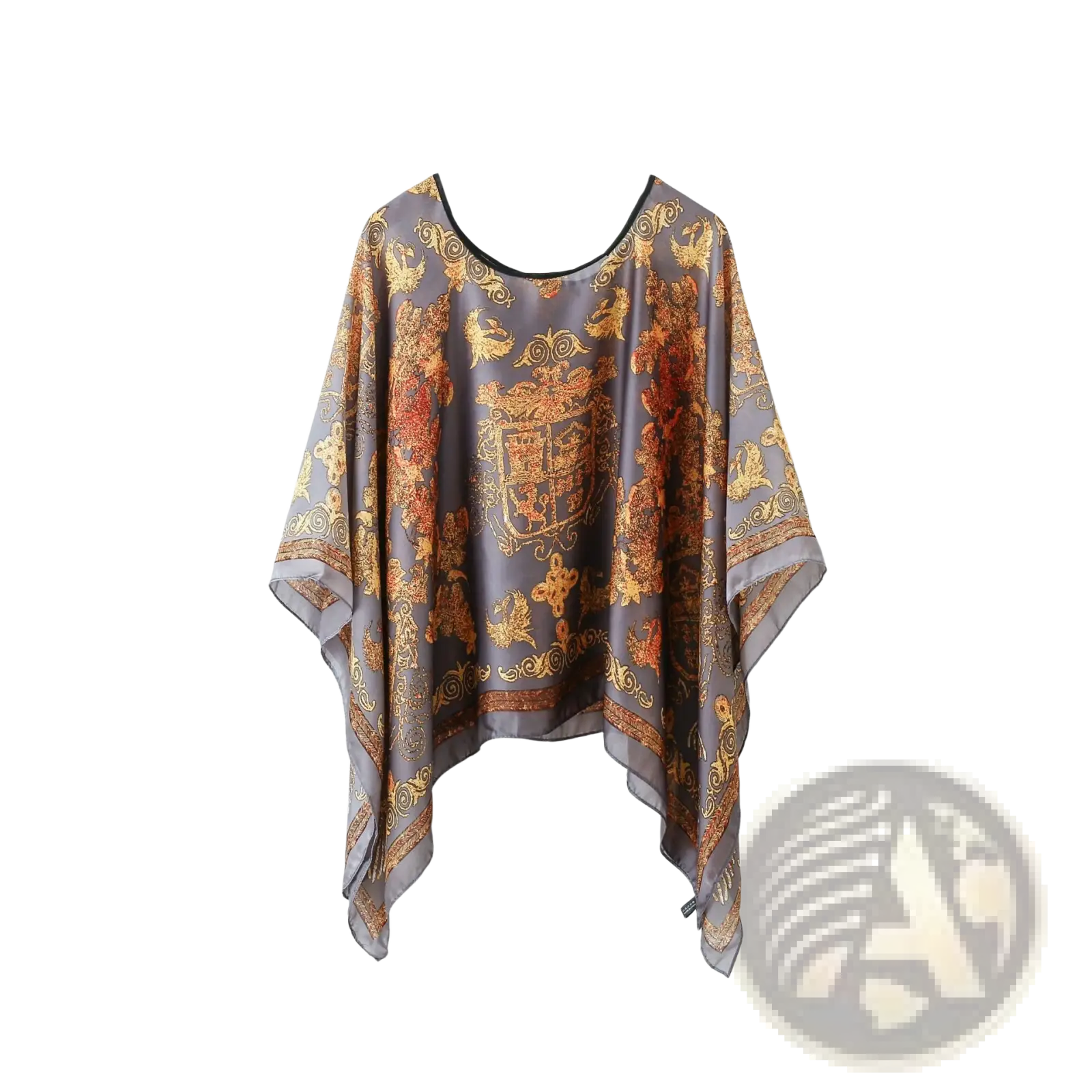 Printed silk patterned pullover shawl cape outerwear in flowing gray silk with ornate gold and rust baroque design