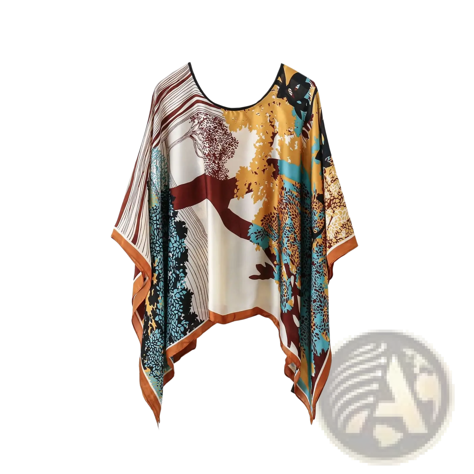 Printed silk patterned pullover shawl cape with oversized autumnal tree print in gold teal and maroon on off-white background
