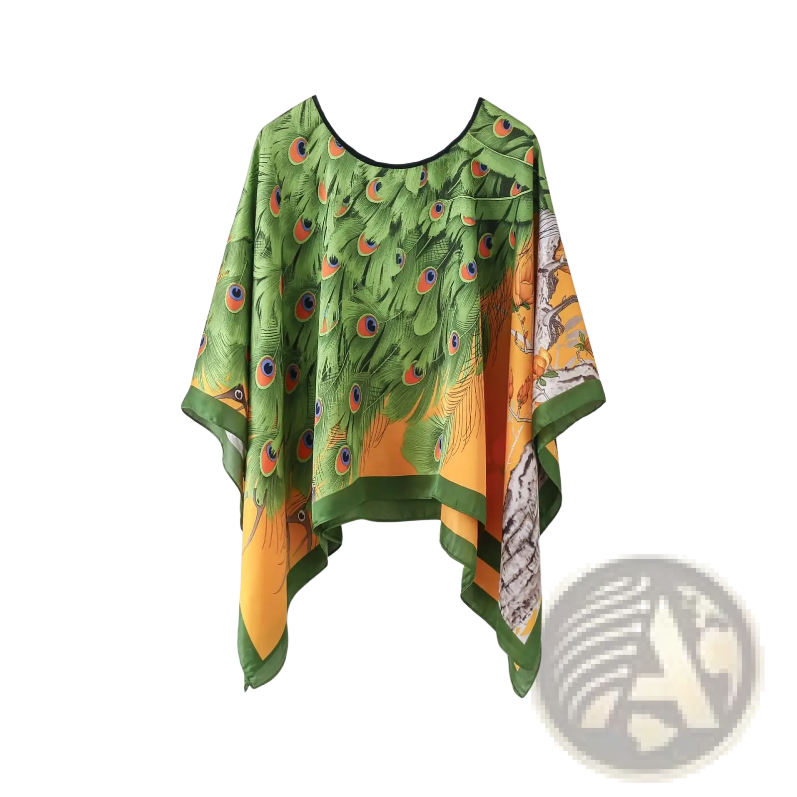 Printed silk patterned pullover shawl cape featuring a flowing green and orange peacock feather print with black trim