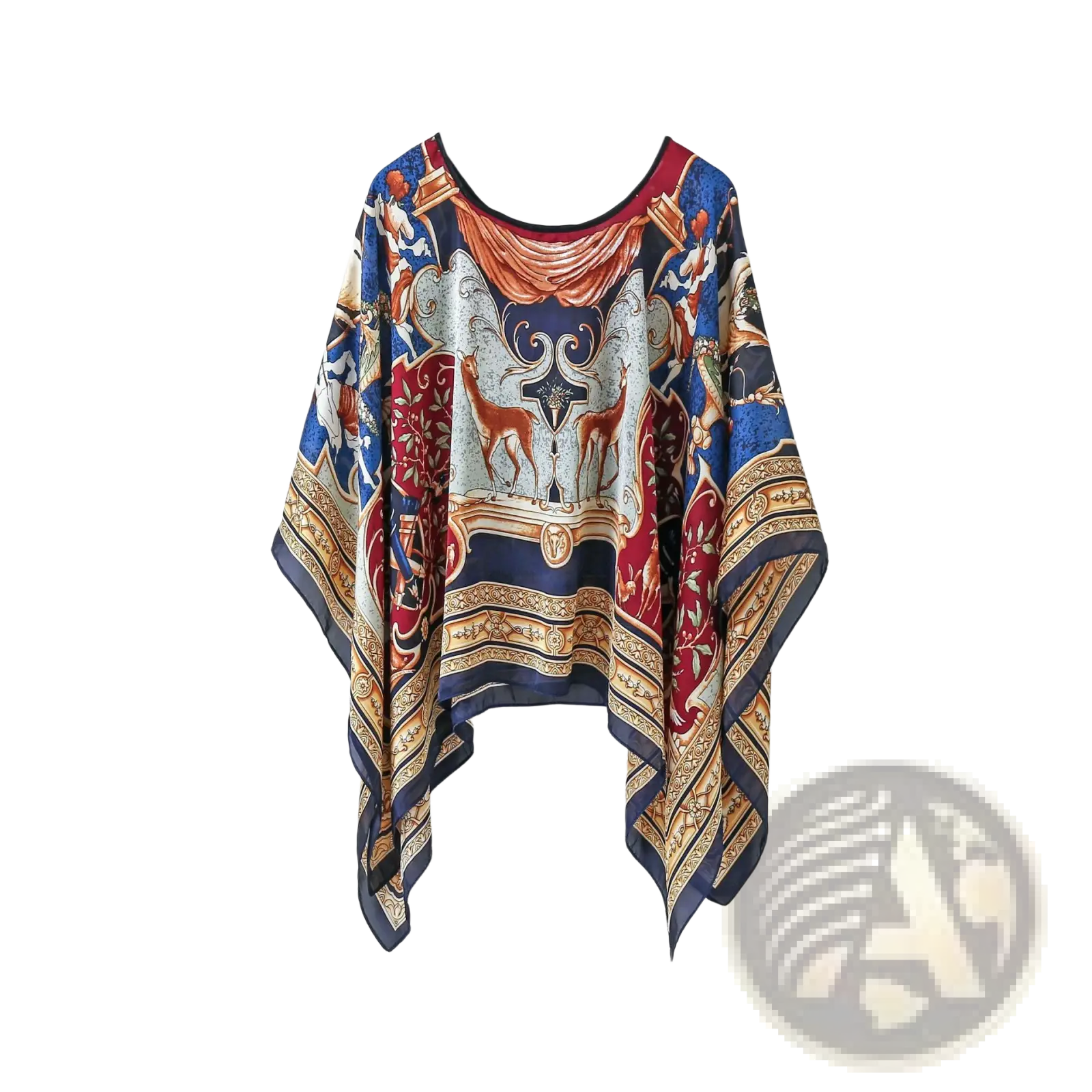 Printed silk patterned pullover shawl cape outerwear in rich navy blue with gold and red baroque deer motifs and wide sleeves