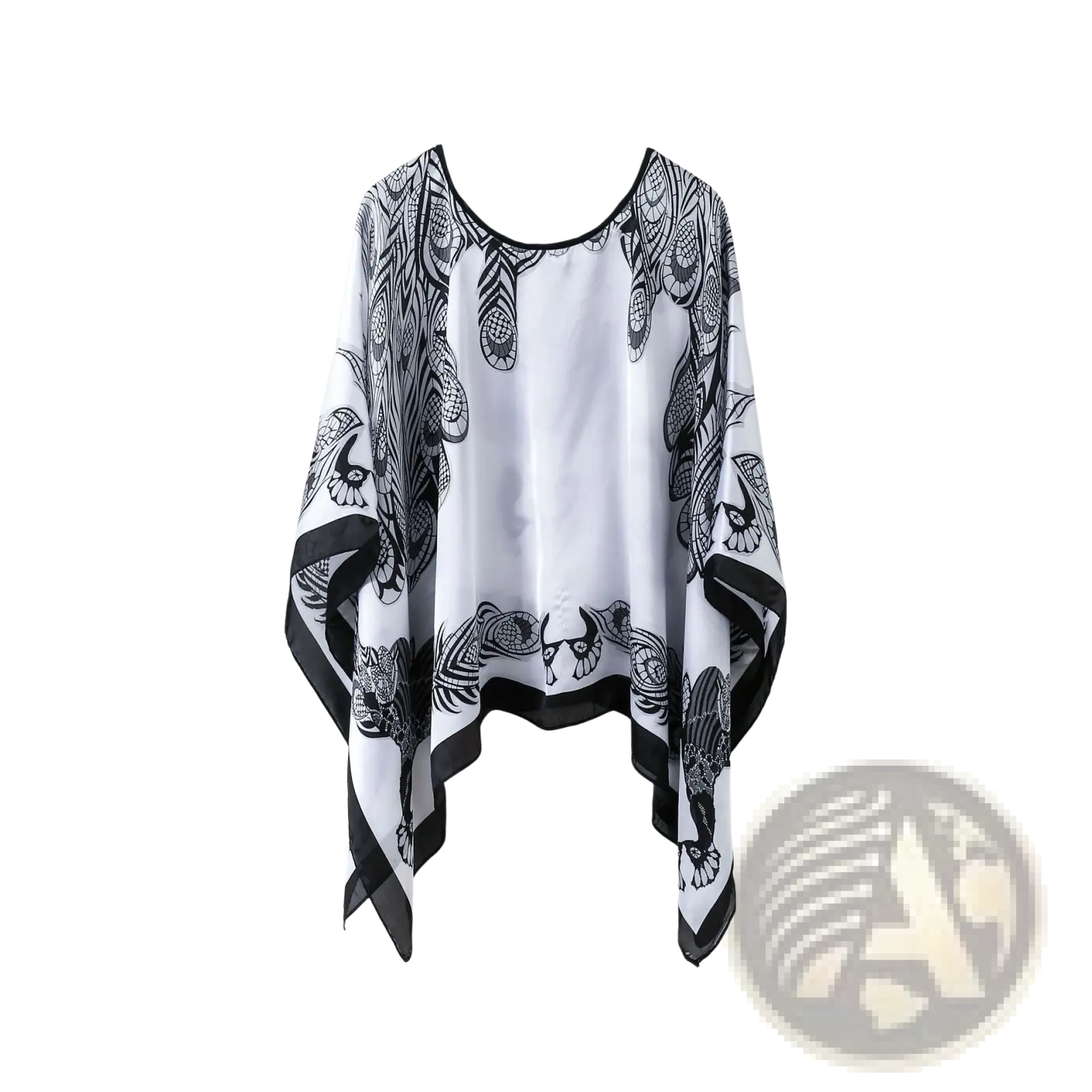 Printed silk patterned pullover shawl cape outerwear in white chiffon with black feather and bird designs and solid black trim