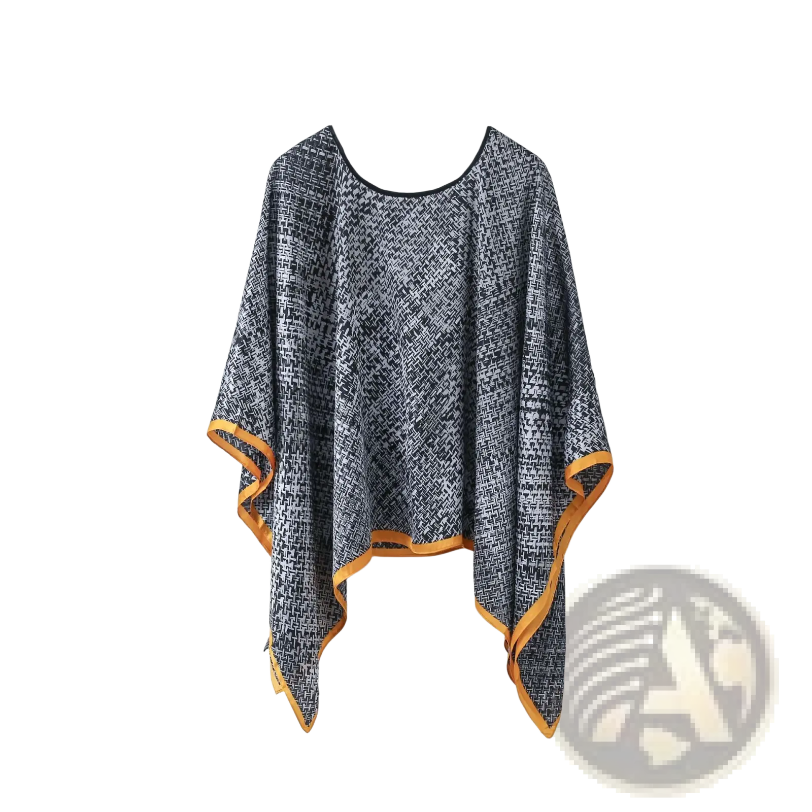 Printed silk patterned pullover shawl cape outerwear with black and white design and mustard yellow trim edges