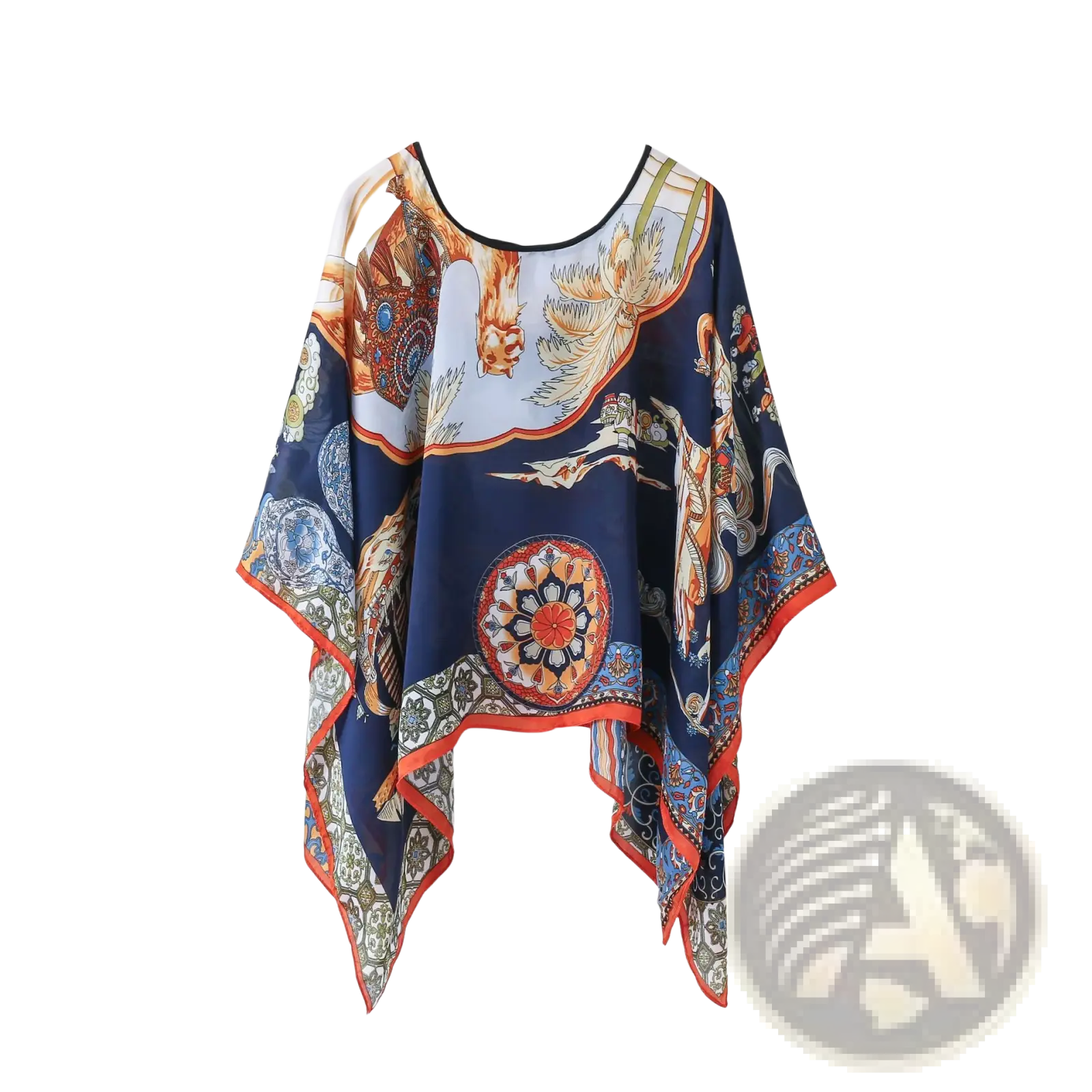 Printed silk patterned pullover shawl cape outerwear in navy blue silk with vibrant mythical creature print on the back