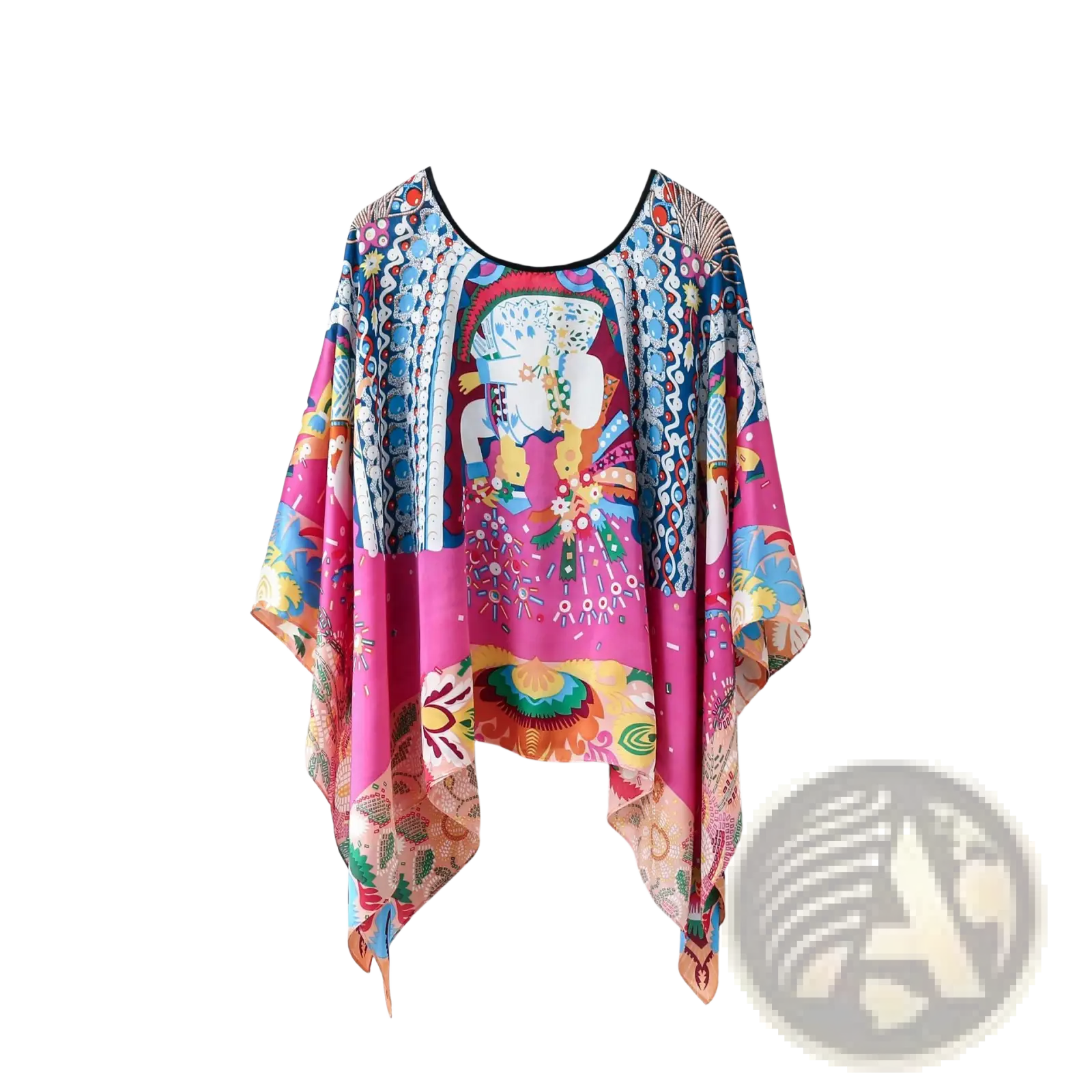 Printed silk patterned pullover shawl cape outerwear in pink and blue featuring a vibrant illustrated figure design