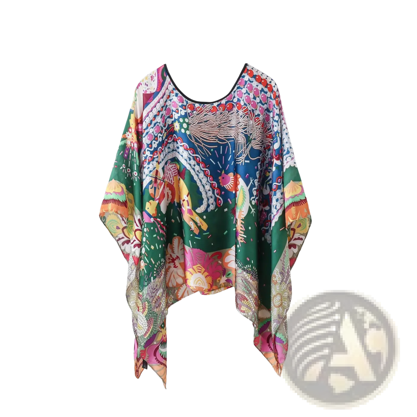 Printed silk patterned pullover shawl cape in vibrant colorful kaftan with whimsical animals on sheer fabric
