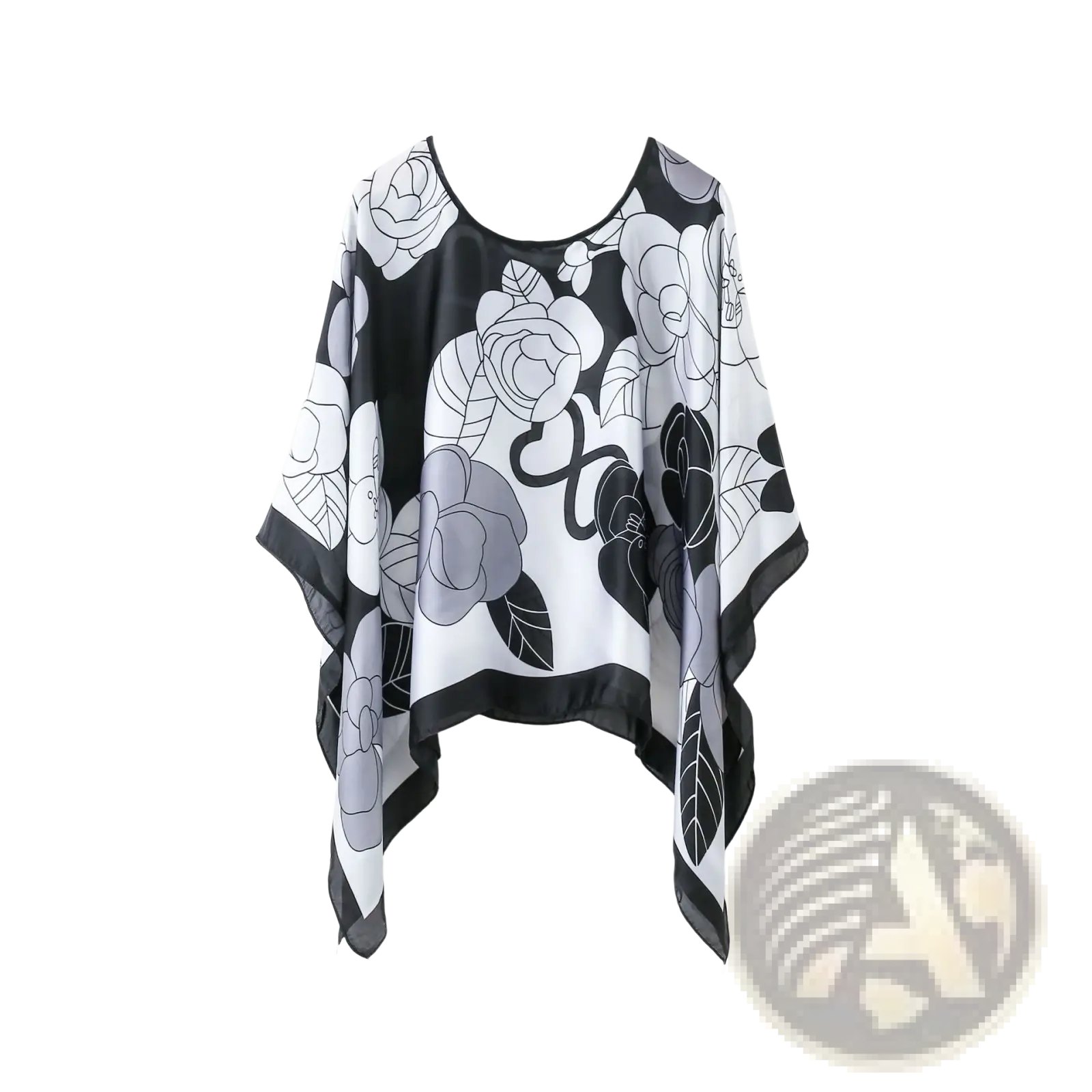 Black and white floral print silk pullover shawl cape outerwear with flowing wide sleeves shown from the back