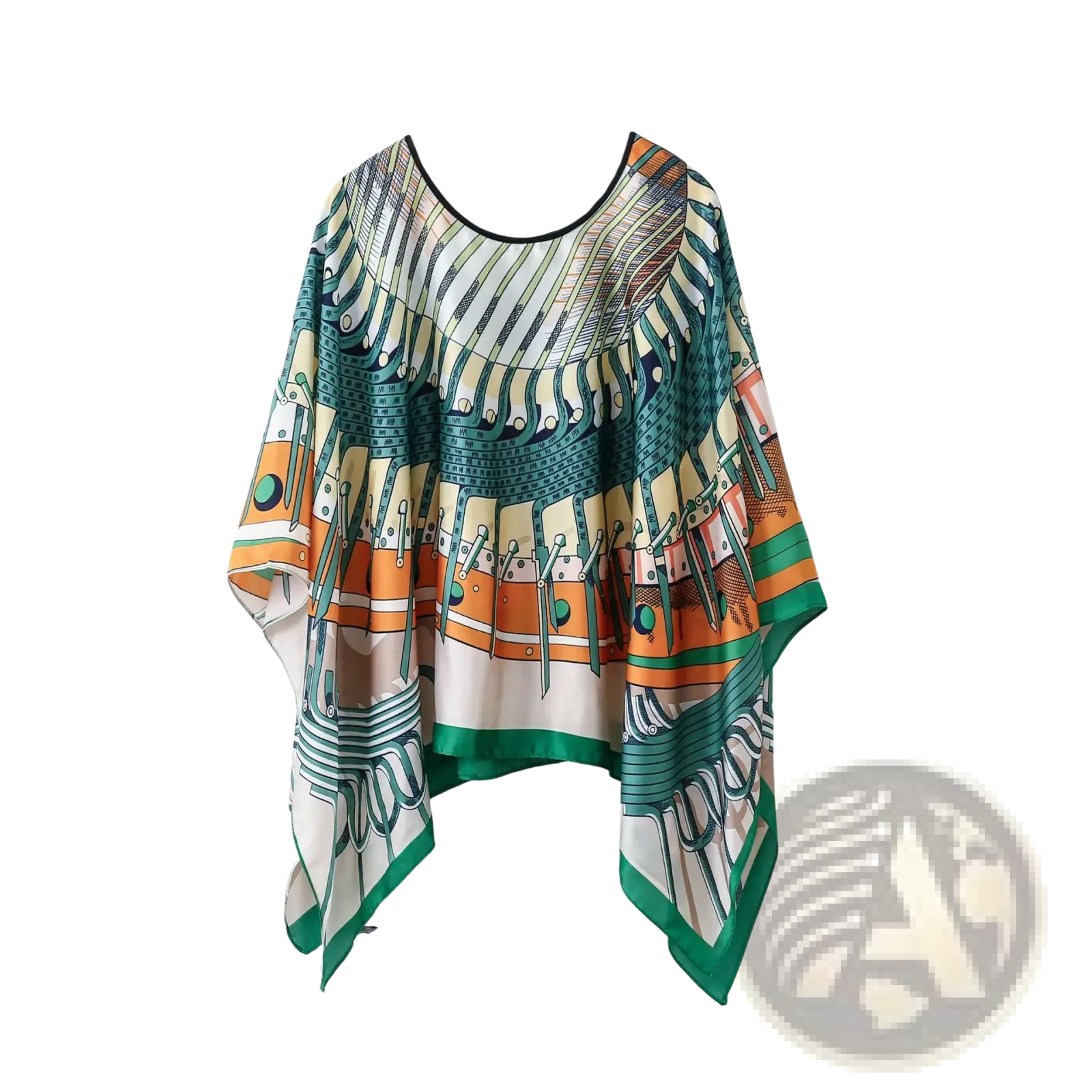 A flowing sleeveless printed silk patterned pullover shawl cape outerwear in teal orange cream with black trim