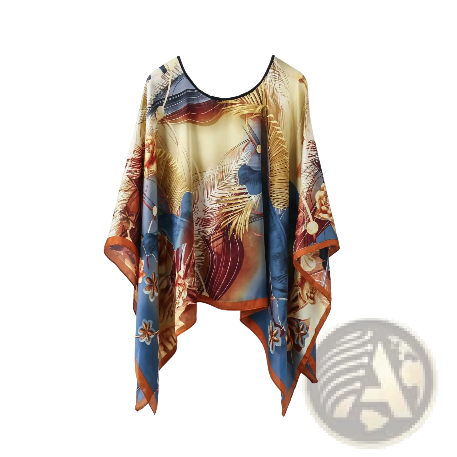 Printed silk patterned pullover shawl cape with sheer fabric and vibrant tropical palm frond and floral print in gold blue and rust