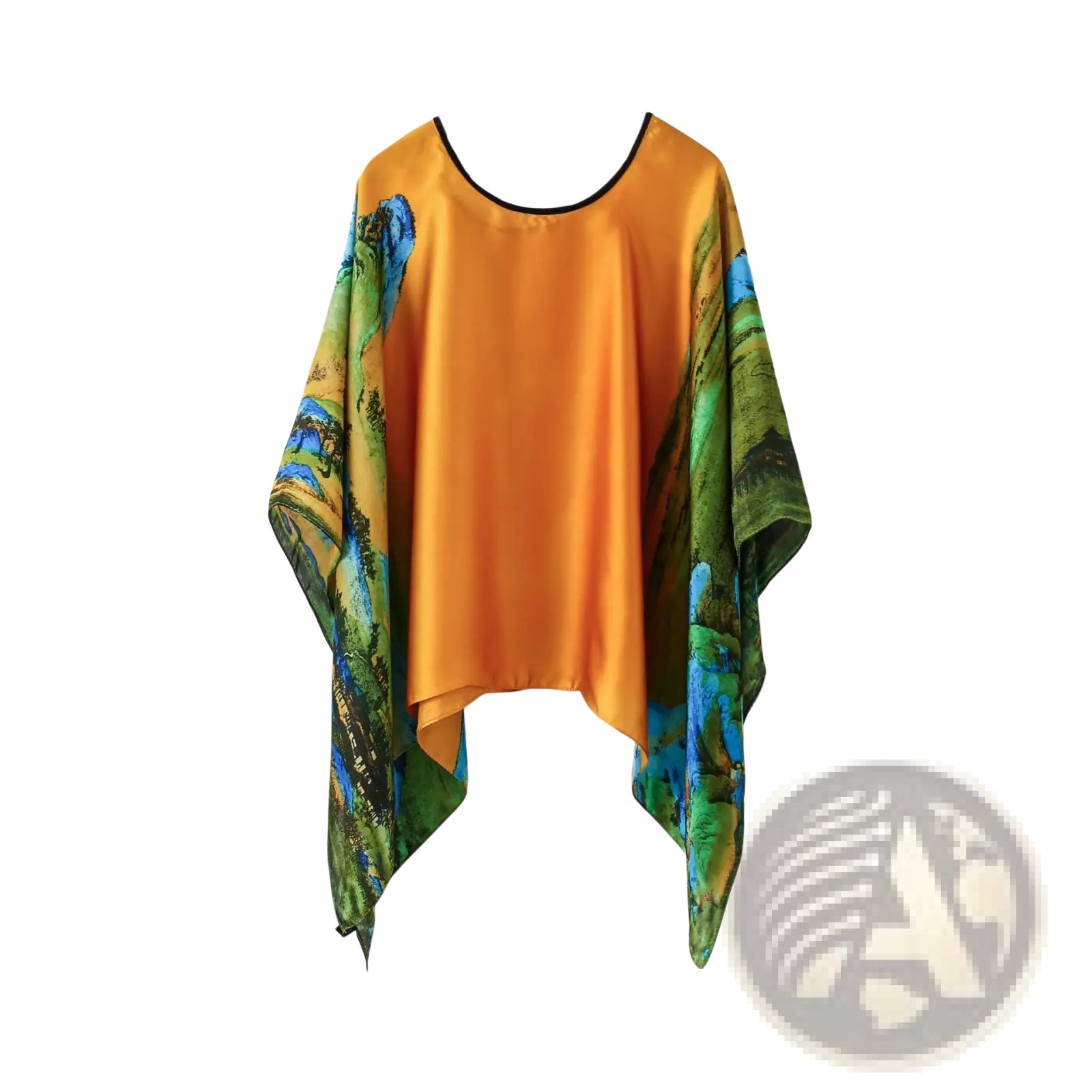Vibrant orange printed silk patterned pullover shawl cape with black-trimmed neckline and vivid landscape print